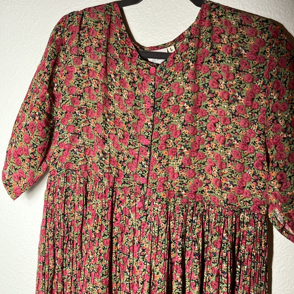VINTAGE Papillon Maxi Flowy Dress Women's LARGE Black Multicolor Floral 54'' - Picture 2 of 8